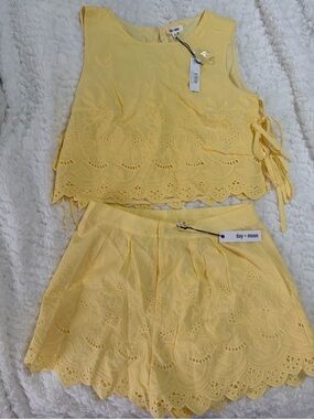 NWT Day + Moon Butter Yellow Eyelet Embroidered Top & Shorts Set | Size L